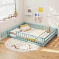 KOMFOTT Full Size Wood Floor Bed with Door & Fence, Montessori Bed Frame with Full Length Safety Guardrails, Door & Latch, Wooden Montessori Floor Bed for Kids, Girls, Boys (Full,Green)