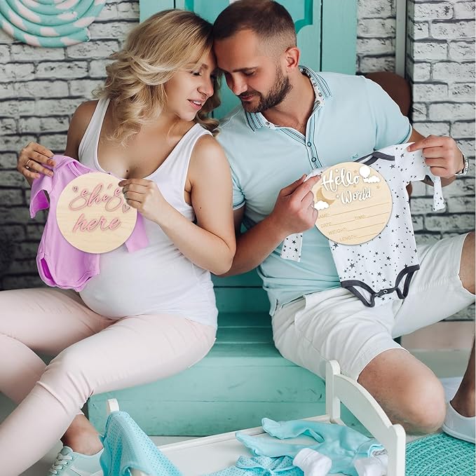 2PCS Hello World Newborn Sign and she's here, Gender Reveal Welcome baby Announcement Sign Board Wooden Birth Name Announcement Plaque and Pen for Baby Shower Photo Props Hospital Nursery