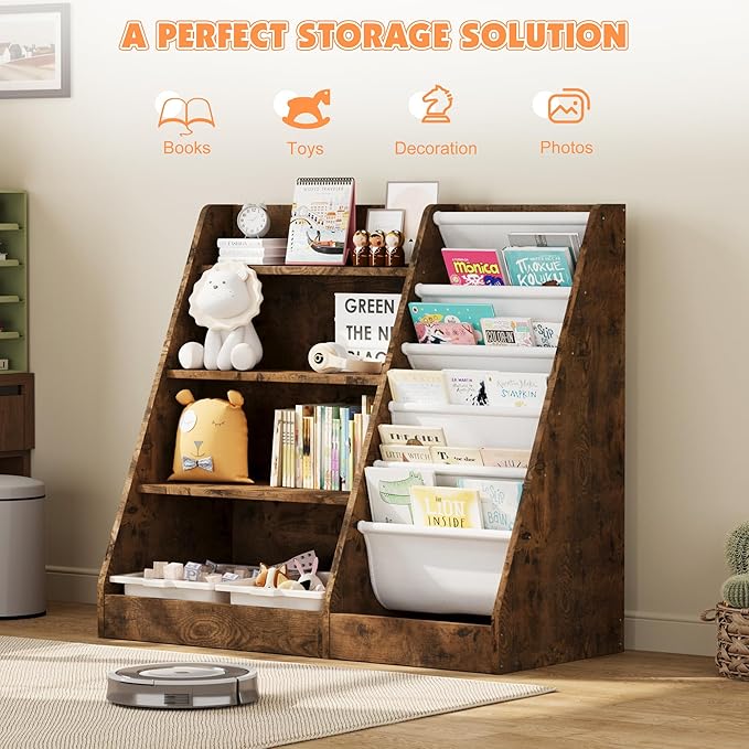 NACHES Montessori Kid Bookshelf Toddler Bookcase Cabinet Children Book Rack Display Toy Storage Organizer 4 Tier 5 Sling Deep Sleeves Classroom Bedroom Nursery Playroom Wood (Rustic)