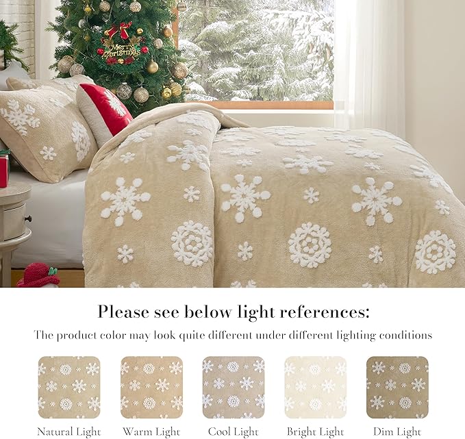 Amélie Home Christmas Comforter Set King, Beige Snowflake Comforter Set, Super Soft Fluffy Fleece Bedding Set for Winter, 3 Pieces, 1 Cozy Comforter and 2 Pillowcases