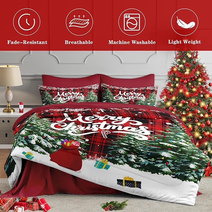 7 Pcs Queen Size Christmas Comforter Set with 2 Pillowcases & 2 Shams, Green Cartoon Trees Bedding for Kids and Adults, Black Red Plaid Bed in a Bag with Flat Fitted Sheet