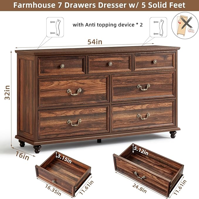 Farmhouse Dresser and Nightstand Sets, Wood 54" Wide Dresser & 24" Night Stand with Charging Station, 2 Piece Bedroom Furniture Set, Chest of Drawers for Bedroom, Home, Living Room, Hallway