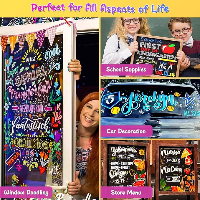 SFAIH Liquid Chalk Markers for Bhalkboard - Vibrant 8 Colors 6mm Reversible Tip, Wet Erase Marker for Chalkboard, Menu, Bistro, Signs, Windows, Glass, Labels, Dust-Free [1s Wet Wipe] - No Residue