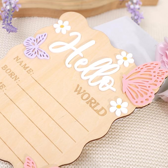 Butterfly Daisy Hello Worid Board - Little Butterfly Birth Announcement Sign, Wooden Hello World Card for Hospitals, Newborn Birth Information Record Board, Daisy Nursery Decorations Photo Props