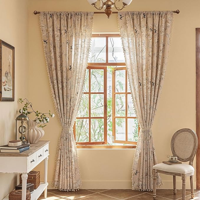ENJOYBRIDAL Floral Curtains 63 Inches Long 2 Panels Set Coquette Rod Pocket Drapes Short Boho Bedroom Semi Sheer Window Curtain Panels Farmhouse Living Room Rose Decorations Tassel Window Treatments