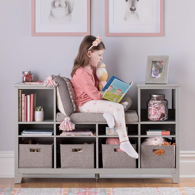Martha Stewart Kids' Reading Nook - Gray: Wooden Storage Bench Bookcase Organizer with Seat Cushion, Book Shelves, and Fabric Bins for Bedroom or Playroom