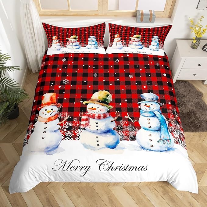 Xmas Snowman Duvet Cover Set King Size, Christmas Bedding Set 3pcs for Kids Boys Girls Bedroom Decor, Red Black Plaid Print Comforter Cover with 2 Pillowcases,Snowflake Print Quilt Cover,No Comforter