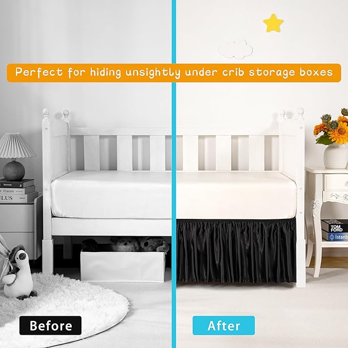 Black Satin Crib Bed Skirt, 52" x 28" with 14" Drop Silky Soft Baby Crib Skirt for Baby Girls or Boys, Fit for Standard Crib & Toddler Bedding