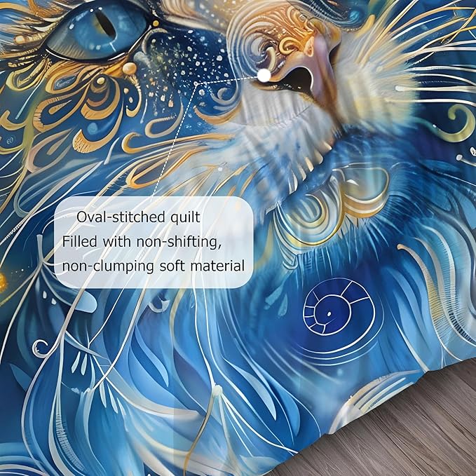 Cat Comforter Set Full: Blue Exotic Cat Themed Bedding Set Gothic Boho Ethnic Kitten Quilts Mystic Pet Animal Bed Sets for Teens Girls Women 1 Comforter & 2 Pillowcases