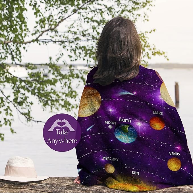 Outer Space Blanket for Kids with Colorful Planetary Solar System, Cute Space-Age Throw for Boys and Girls, Soft and Plush, Early Learning and Educational Fun (Fleece - 60x80)