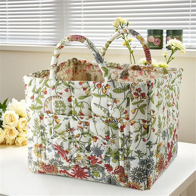 Boho Fabric Storage Basket, Collapsible Floral Laundry Nursery Hamper, Portable Folding Organizer Bin for Home Office Picnic Clothes Toys Books Sundries Storage (Floral 9)
