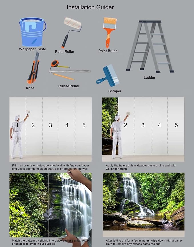 108''x75''Cascading Waterfalls in Forest Wall Mural Large Wallpaper Mural Wall Decor for Bedroom, Living Room, Kids Room(Not Self-Adhesive)