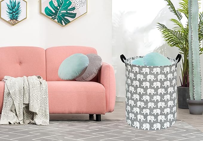 KUNRO Round Laundry Gift Basket Storage Hamper, Kids Toys and Clothes Storage Organizer Bins, Toy Shelf Basket with Handles for Room Decor (Elephant)