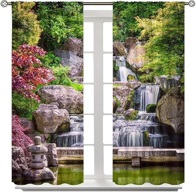 View Waterfall Blackout Curtains, Forest Waterfall Retro Style Natural Scenery Garden Art Landscape Rod Pocket Window Drapes, for Living Room Bedroom 42" W X 54" L