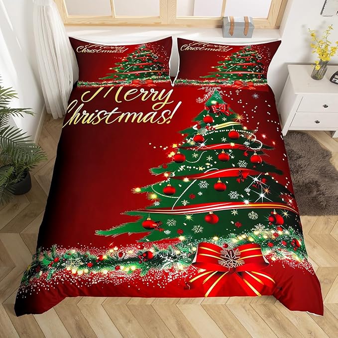 Christmas Tree Duvet Cover Set Twin Size Fir Tree Branches and Deer Print Bedding Set 2pcs for Kids Girls New Year Theme Comforter Cover Merry Christmas Red Quilt Cover with 1 Pillowcase,No Comforter