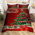 Christmas Tree Duvet Cover Set Queen Size Fir Tree Branches and Deer Print Bedding Set 3pcs for Kids New Year Theme Comforter Cover Merry Christmas Red Quilt Cover with 2 Pillowcases,No Comforter