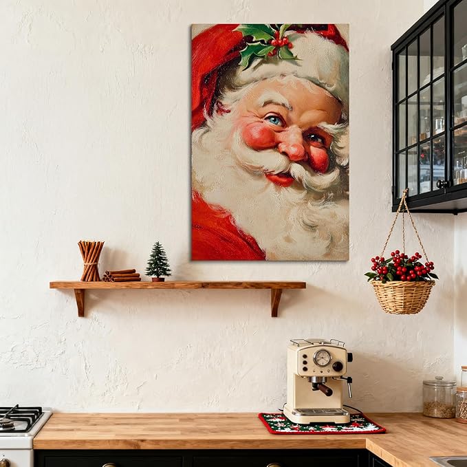 YONICA Christmas Canvas Wall Art Classic Santa 24x36 Inch Traditional Oil Painting Portrait - Large Framed Gallery Wrapped Living Room Art