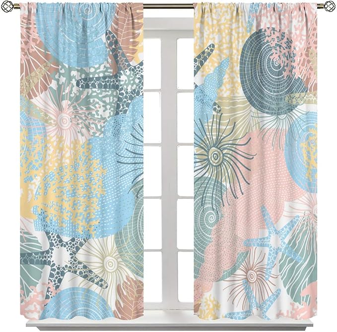 Nautical Blackout Curtain Beach Theme Starfish Seashell Nautical Rustic Ocean Sea Vintage Retro Coastal Summer Bedroom Set 2 Panels,42x45 Inches