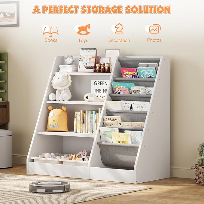 NACHES Montessori Kid Bookshelf White Toddler Bookcase Cabinet Children Book Rack Display Toy Storage Organizer 4 Tier 5 Sling Deep Sleeves Classroom Bedroom Nursery Playroom Wood (White)
