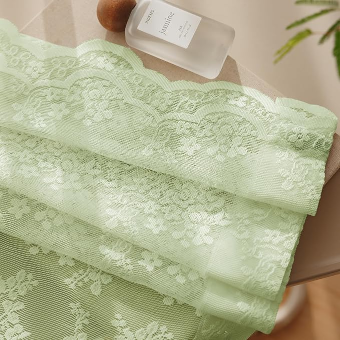Anmao Vintage Lace Curtains 102 Inches Long 2 Panels, Romantic Semi Sheer Floral Lacy Curtain for Living Room, Elegant Window Drapes for Bedroom, Each 55W x 102L, Light Green