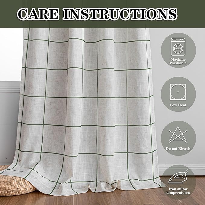 MYSKY HOME 100% Blackout Plaid Linen Curtains 63 Inches Long Double Layer Farmhouse Thermal Insulated Checkered Print Drapes with Rod Pocket Back Tab for Bedroom Living Room, 2 Panels, 52"Wide, Green