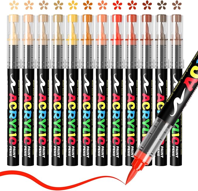 Paint Pens Acrylic Markers - 12 Warm Tone Brush Tip Water Based Marker Pens for Rock Painting, Wood, Ceramic, Glass, Acrylic Paint Markers for Egg Pumpkin