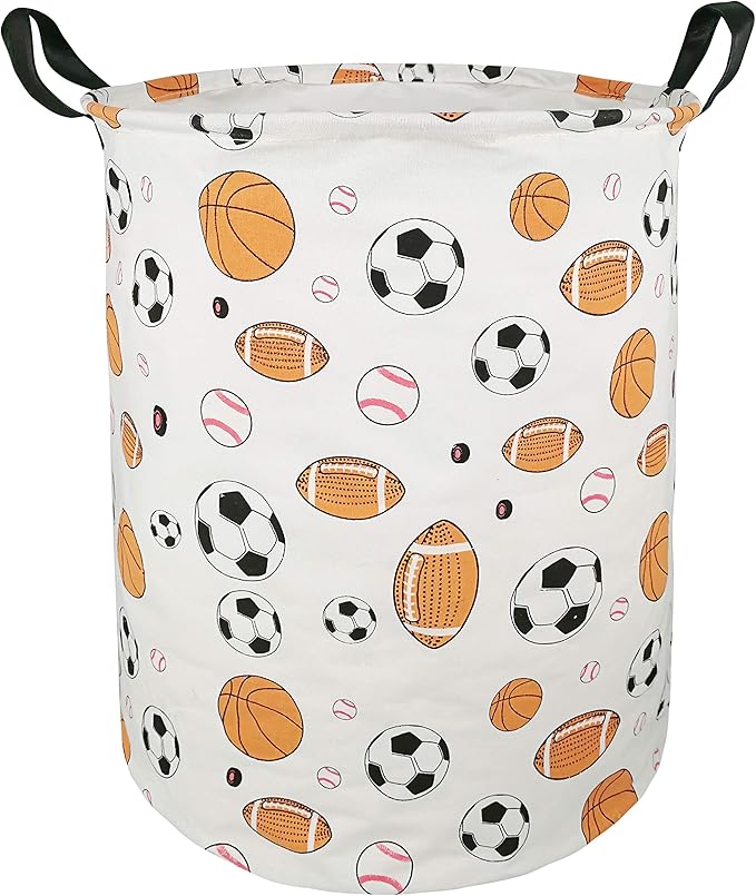 KUNRO Round Basketball Football Laundry Gift Basket Storage Hamper, Kids Toys and Clothes Storage Organizer Bins, Toy Shelf Basket with Handles for Room Decor (Balls)