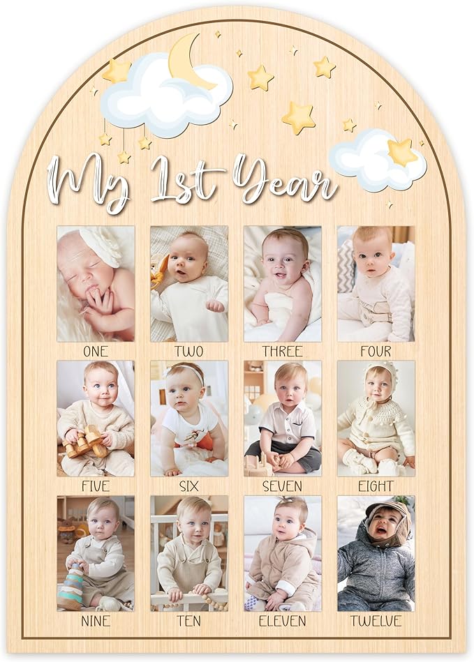 My First Year Photo Board, Star Baby's First Year Photo Frame 12 Monthly Milestone Picture Frame, Gift for Newborn Baby 1st Birthday Memories Nursery Decoration -02