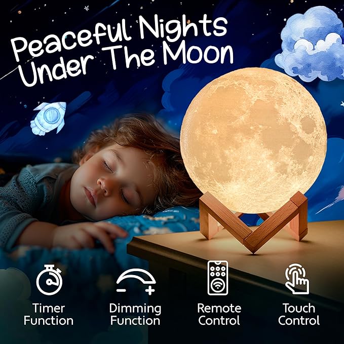 Mind-glowing 3D Moon Lamp - 16 LED Colors, Dimmable, Rechargeable Night Light (Large, 5.9in) with Wooden Stand, Remote & Touch Control - Nursery Decor for your Baby, Birthday Gift Idea for Women