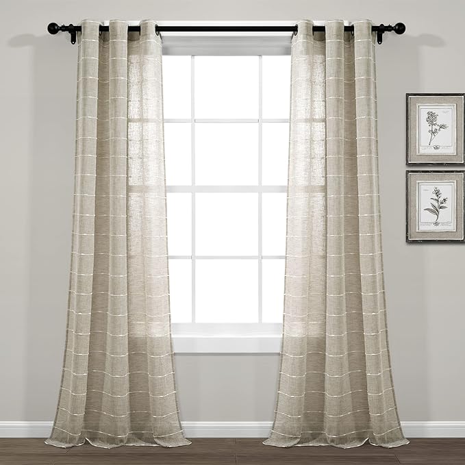 Lush Decor Farmhouse Textured Grommet Sheer Window Curtain Panel Pair, 38"W x 108"L, Neutral