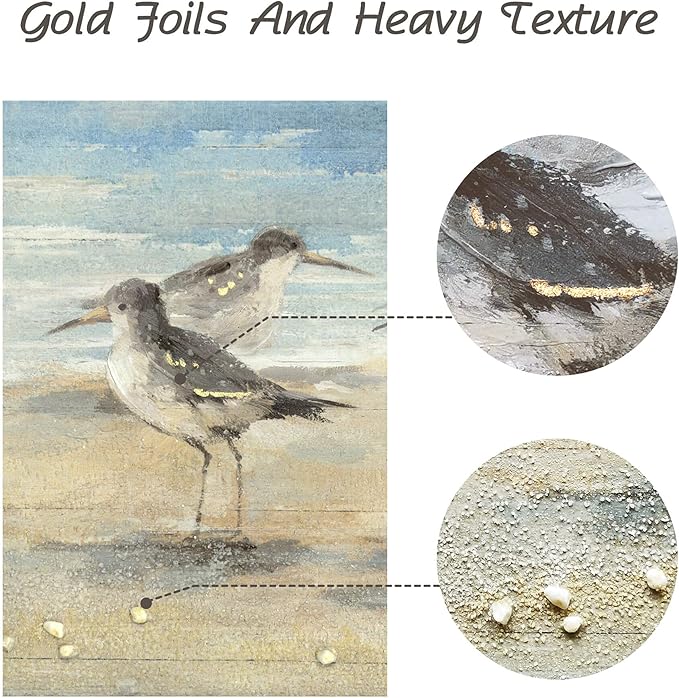 Beach Framed Painting Wall Decor: Abstract Ocean Wall Art Coastal Oil Painting Style Seagulls Picture Printed on Wood Seascape Artwork for Office 24"x12"