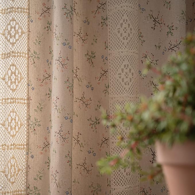ENJOYBRIDAL Floral Curtains 96 Inch Length 2 Panels Crochet Lace Patchwork Drapes Semi-Sheer Boho Tassel Bedroom Living Room Farmhouse Beige Country Rustic Rod Pocket Window Curtain Panels