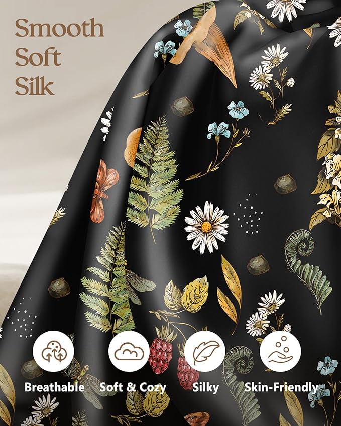 Silk Pillowcase 2 Pack - Pillow Cases 20" x 36" King Size Set of 2 for Hair and Skin Smooth Soft Breathable with Hidden Zipper Cooling Pillow Covers for Sleeping, Mushroom Plants