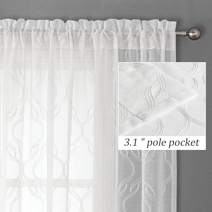 VISIONTEX Sheer Curtains 120 Inches Long 2 Panels Set, White Moroccan Embroidery Texture Geometric Rod Pocket White Voile Tulle Semi Window Treatment Pair for Bedroom, W54 x L120