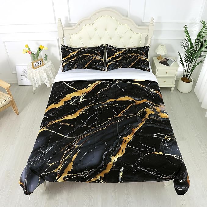 Black Marble Comforter Queen: Abstract Black and Gold Comforter Set Modern Marbling Luxury Quilt Bedding Set 3PC for Men Women Adults Bedroom 1 Comforter & 2 Pillowcases