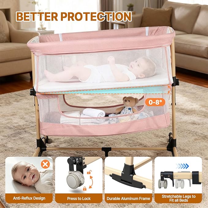 Baby Bassinet Bedside Sleeper, 3-in-1 Bedside Bassinet, 5 Height Adjustable Rocking Baby Crib, Breathable Full Mesh, Mosquito Net, Storage Basket, Stable and Secure Bassinets for Newborn Infant