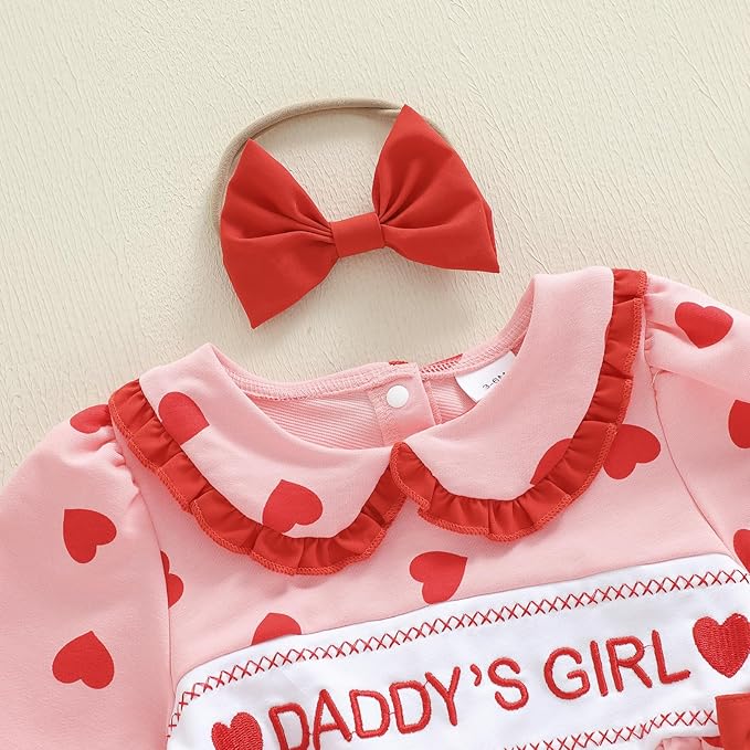 Amiblvowa Baby Girl Valentines Day Outfit Embroidery Love Heart Smocked Bubble Romper Bodysuit Cute Infant Newborn Clothes