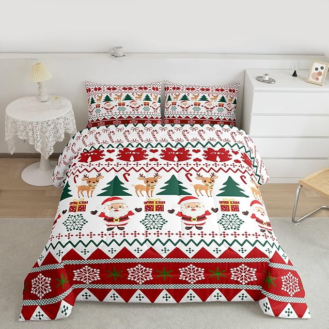 Feelyou Merry Christmas Comforter Set Twin Size Santa Claus Bedding Set for Kids Boys Girls Cute Deer Duvet Quilt Snowflake Bedroom Decor Microfiber 2 Pcs with 1 Pillow Cases