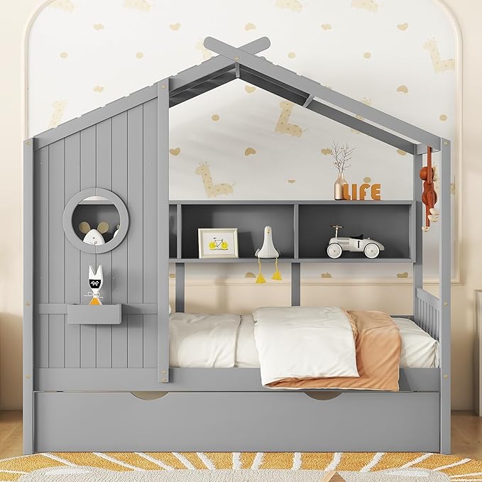 Harper & Bright Designs Twin Size Modern House Bed with Roof, Wooden Twin Kids House Bed Frame with Trundle and Storage Shelf, Gray