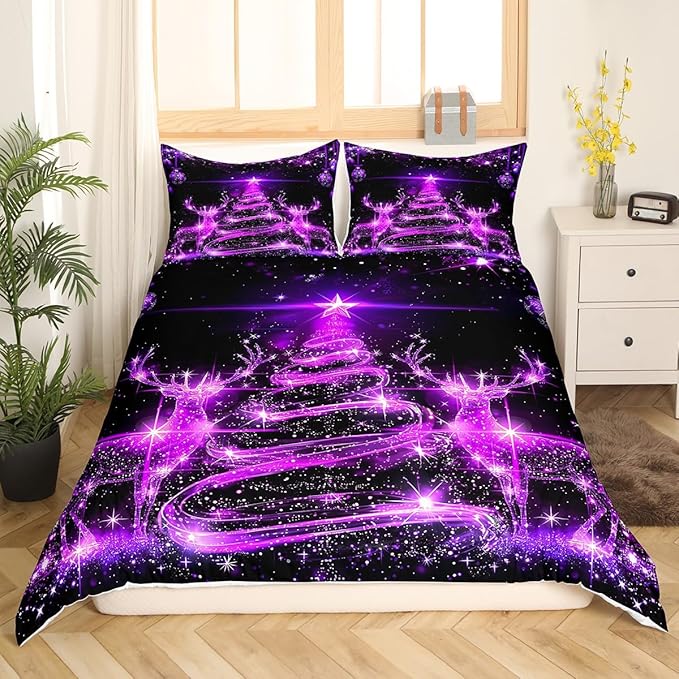 Manfei Christmas Tree Duvet Cover Set Full Size Purple Twinkling Deer Comforter Cover Western New Year Bedding Set 3pcs for Kids Boys Girls Christmas Theme Quilt Cover with 2 Pillowcases,No Comforter