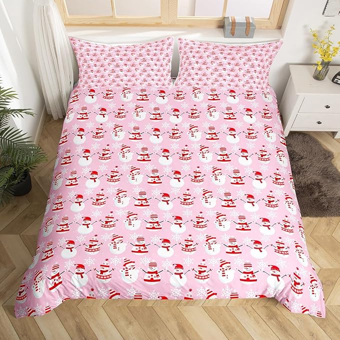 Christmas Bedding Duvet Cover Set Kids Cartoon Christmas Snowman Bedding Set Boys Girls Decor Snowflake Comforter Cover Set Microfiber Pink Xmas Theme Bedspread Cover Bedroom Bedclothes Twin Size