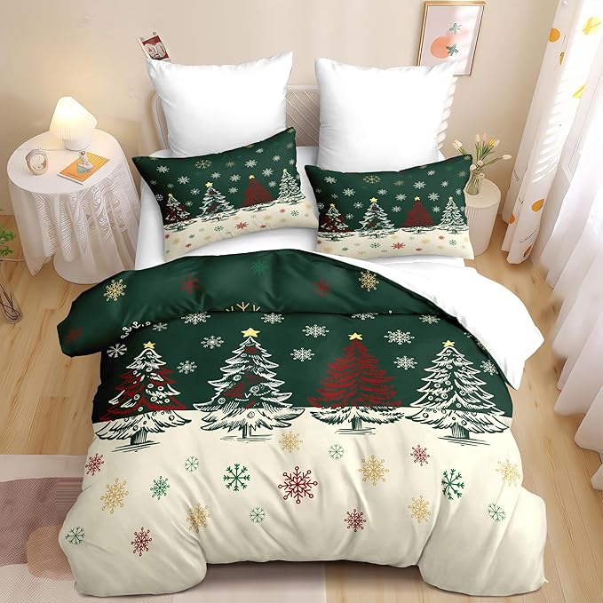 Christmas Duvet Cover King Size Green Christmas Tree Bedding Set 3 Pieces Kids Boys Girls Xmas Holiday Cartoon Snowflake Comforter Cover with Zipper Closure