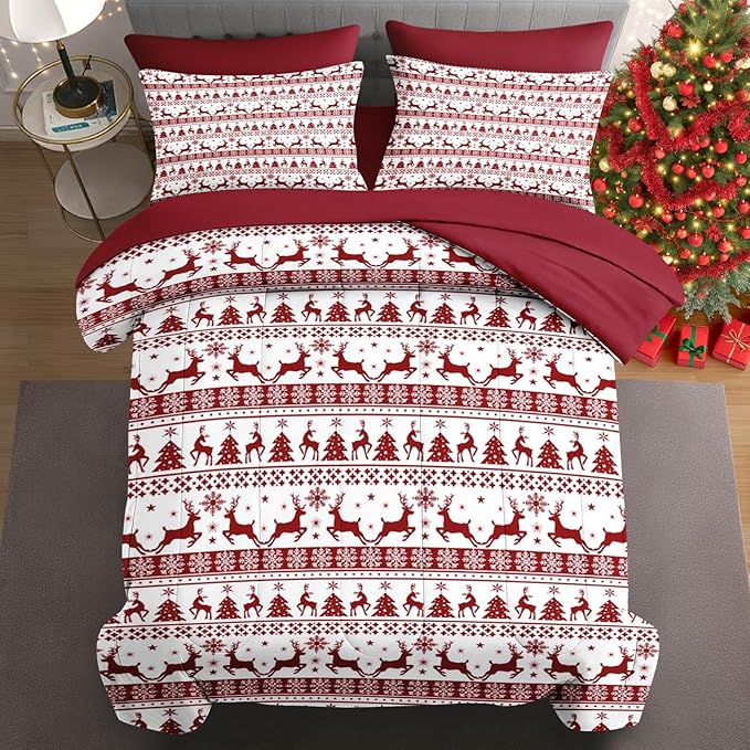 7 Pcs Full Size Christmas Comforter Set with 2 Pillowcases & 2 Shams, Red Winter Funny Reindeer Bedding for Kids and Adults, Pine Tree Snowflake Bed in a Bag with Flat Fitted Sheet