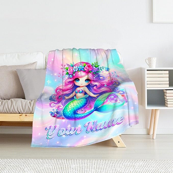 Toddler Blanket for Girls - Custom Mermaid Blanket for Girls 4-6 - Kids Mermaid Gifts for Crib, Lap