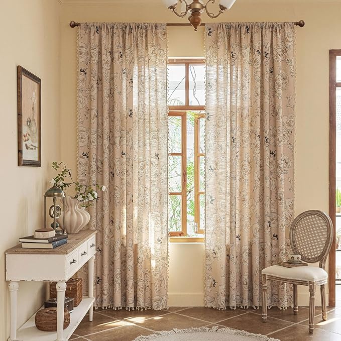 ENJOYBRIDAL Floral Curtains 96 Inches Long 2 Panels Coquette Rod Pocket Drapes Boho Bedroom Semi Sheer Aesthetic Window Curtain Panels Farmhouse Living Room Rose Decorations Tassel Window Treatments