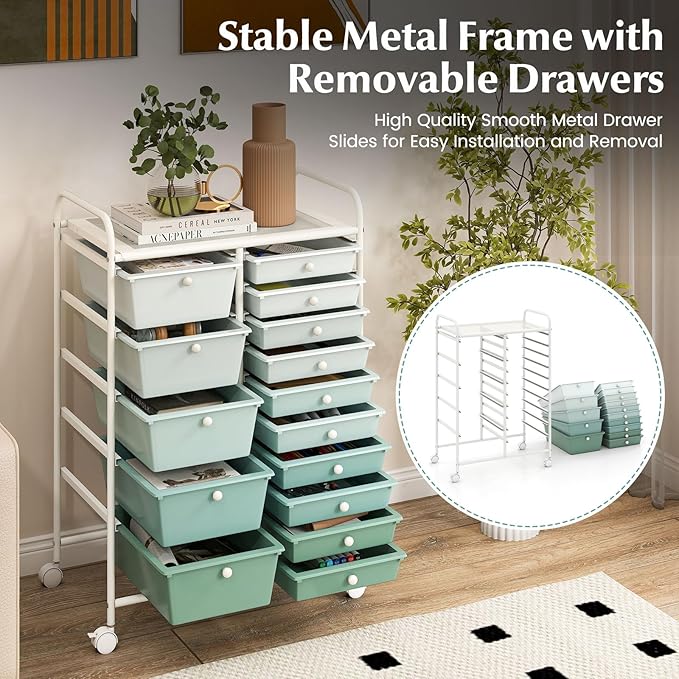 RELAX4LIFE 15-Drawer Storage Drawer Carts - Mobile Rolling Utility Cart w/Wheels, Craft Organizer for Classroom Organization and Storage, School, Office, Home, Storage Organizer Cart (Gradient Green)
