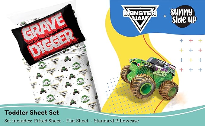 Sunny Side Up Monster Jam Grave Digger Toddler Sheet Set - 3 Piece Toddler Bedding Set Includes Pillow Cover - Super Soft Microfiber Sheets