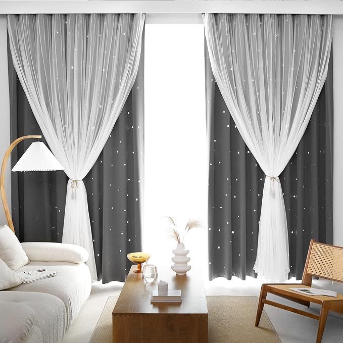 Kinryb Kids Blackout Curtains for Bedroom/Living Room/Classroom, Sheer Overlay 2 Panel Set, Double Layer Curtains with Star Cutout for Kids Room(Each Piece W 70 x L 95 Inches 2 Pcs Grey)
