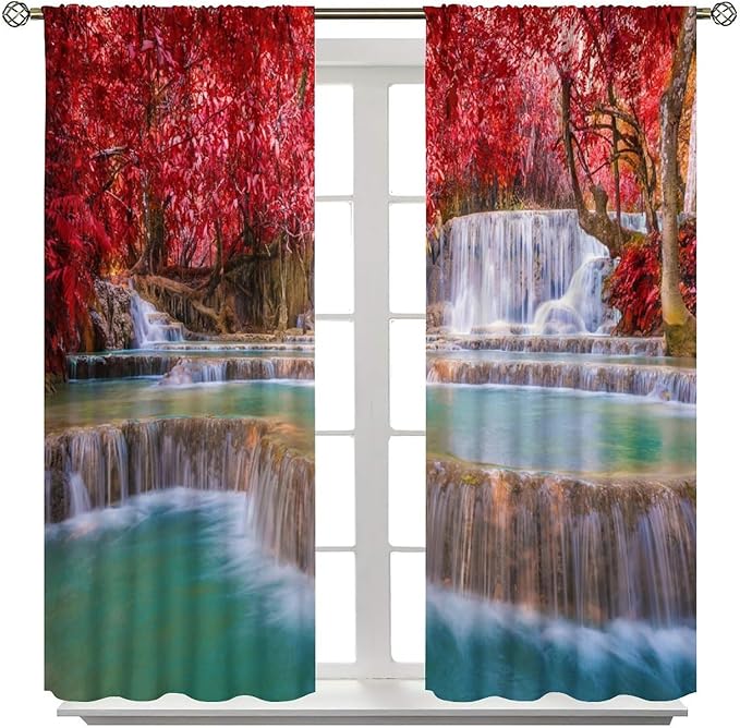 Natural Landscape Waterfall Blackout Curtains, Scenic View Waterfall Forest Autumn Window Drapes, for Bedroom Living Room 42" W X 45" L