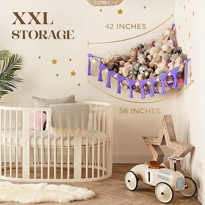 Macrame DreamLights Boho Stuffed Animal Storage Net Hammock Extra Large Plush Toy Storage Holder For Small Or Large Plushies PURPLE (Purple)